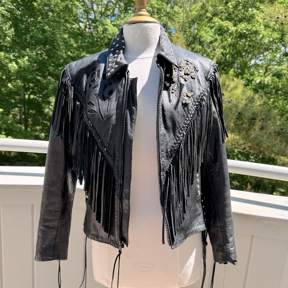 Vintage Leather Fringe Moto Silver Bike Zip Jacket Studded Stoned